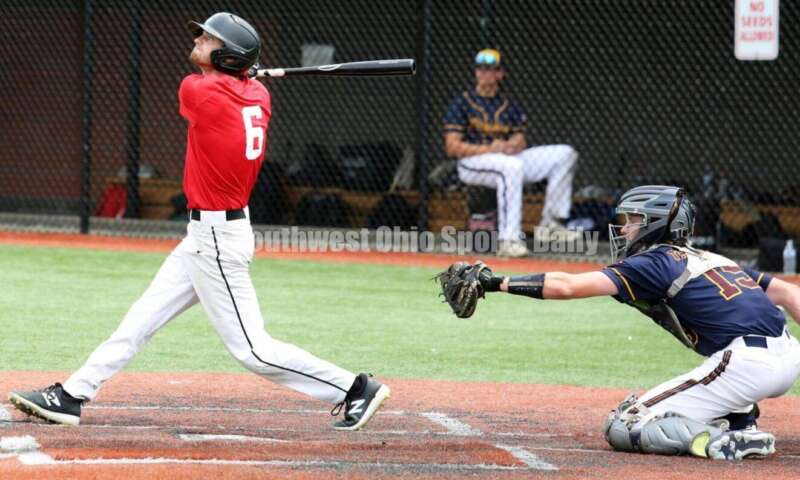 Lakota East High School's Kyle Stoughton takes a cut at the plate for the Cincinnati Impact on June 25, 2021, during Pastime Tournaments' Ohio Valley 17U/18U Wood Bat Classic at New Richmond. The Impact beat Sluggers Baseball Club 3-2. RICK CASSANO/STAFF