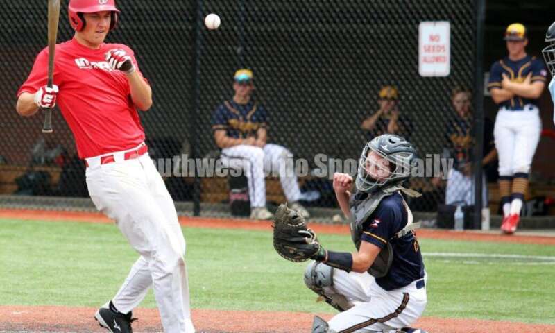 Lakota West High School's Brady Weber gets hit by a pitch for the Cincinnati Impact in front of Edgewood's Jesse Thompson of Sluggers Baseball Club on June 25, 2021, during Pastime Tournaments' Ohio Valley 17U/18U Wood Bat Classic at New Richmond. The Impact won 3-2. RICK CASSANO/STAFF
