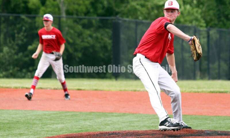 Lakota West High School's Connor Crowley delivers a pitch for the Cincinnati Impact on June 25, 2021, during Pastime Tournaments' Ohio Valley 17U/18U Wood Bat Classic at New Richmond. The Impact beat Sluggers Baseball Club 3-2. RICK CASSANO/STAFF