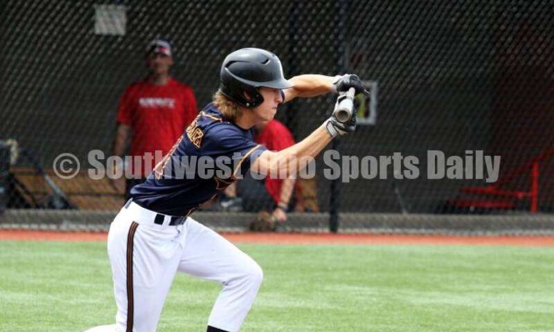 Badin High School's Mark Holderbach bunts the ball for Sluggers Baseball Club on June 25, 2021, during Pastime Tournaments' Ohio Valley 17U/18U Wood Bat Classic at New Richmond. The Sluggers lost to the Cincinnati Impact 3-2. RICK CASSANO/STAFF