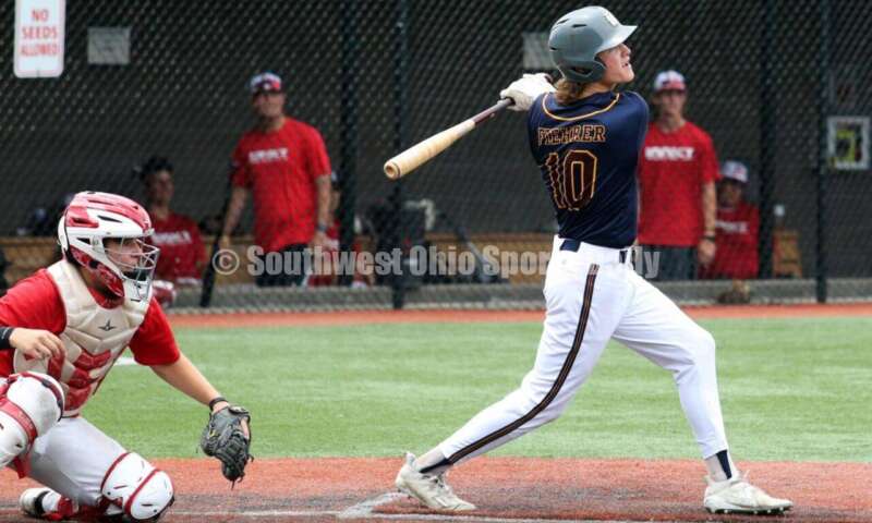 Badin High School's Cooper Fiehrer takes a cut at the plate for Sluggers Baseball Club on June 25, 2021, during Pastime Tournaments' Ohio Valley 17U/18U Wood Bat Classic at New Richmond. The Sluggers lost to the Cincinnati Impact 3-2. RICK CASSANO/STAFF
