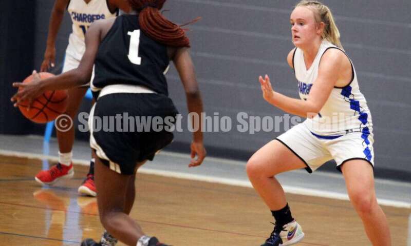 Edgewood High School's Jessica Moore applies some defensive pressure July 10, 2021, during the Cincy Chargers' game against the Maryland Blazers in a matchup of 17-year-old girls basketball teams in the USJN's Midwest Summer Challenge at Sports Plus in Evendale. The Chargers won 58-31. RICK CASSANO/STAFF
