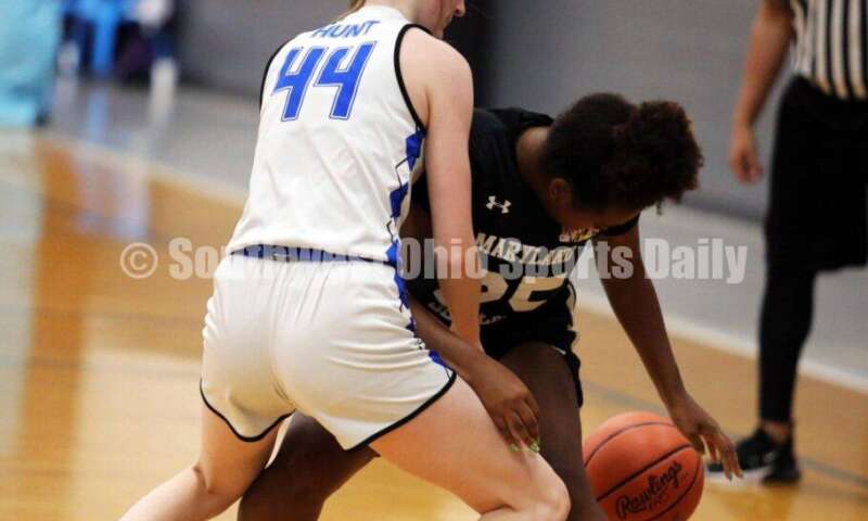 Beavercreek High School's Hannah Hunt (44) applies some defensive pressure July 10, 2021, during the Cincy Chargers' game against the Maryland Blazers in a matchup of 17-year-old girls basketball teams in the USJN's Midwest Summer Challenge at Sports Plus in Evendale. The Chargers won 58-31. RICK CASSANO/STAFF