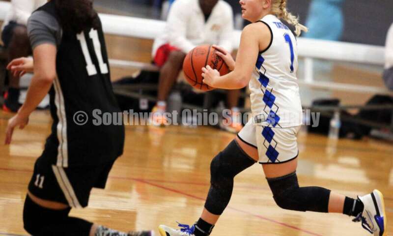 Milford High School's Katie Tatum dribbles up the floor July 10, 2021, during the Cincy Chargers' game against the Maryland Blazers in a matchup of 17-year-old girls basketball teams in the USJN's Midwest Summer Challenge at Sports Plus in Evendale. The Chargers won 58-31. RICK CASSANO/STAFF