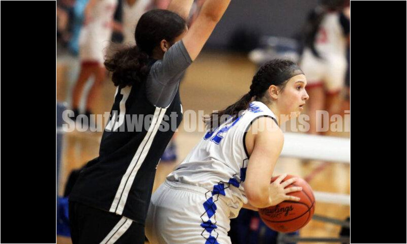 Lakota West High School's Emily Doerman looks to make a pass July 10, 2021, during the Cincy Chargers' game against the Maryland Blazers in a matchup of 17-year-old girls basketball teams in the USJN's Midwest Summer Challenge at Sports Plus in Evendale. The Chargers won 58-31. RICK CASSANO/STAFF