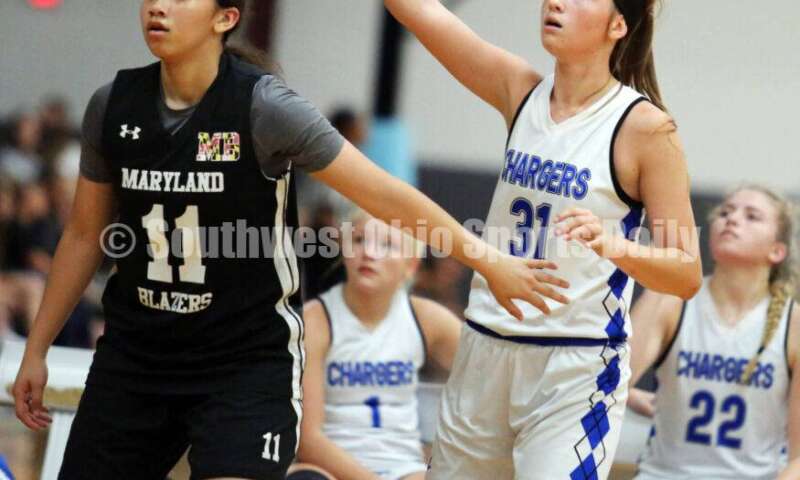 Ross High School's Veronica Allen watches her shot July 10, 2021, during the Cincy Chargers' game against the Maryland Blazers in a matchup of 17-year-old girls basketball teams in the USJN's Midwest Summer Challenge at Sports Plus in Evendale. The Chargers won 58-31. RICK CASSANO/STAFF