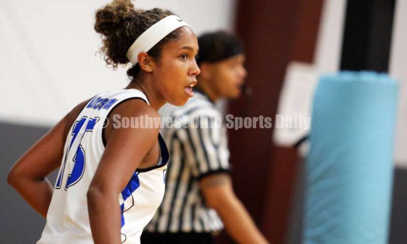 Edgewood High School's Lexi Livingston watches the ball July 10, 2021, during the Cincy Chargers' game against the Maryland Blazers in a matchup of 17-year-old girls basketball teams in the USJN's Midwest Summer Challenge at Sports Plus in Evendale. The Chargers won 58-31. RICK CASSANO/STAFF