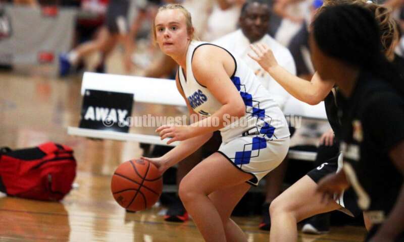 Edgewood High School's Jessica Moore maneuvers with the ball July 10, 2021, during the Cincy Chargers' game against the Maryland Blazers in a matchup of 17-year-old girls basketball teams in the USJN's Midwest Summer Challenge at Sports Plus in Evendale. The Chargers won 58-31. RICK CASSANO/STAFF