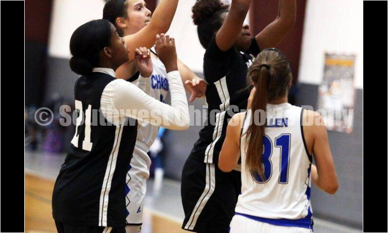 Ross High School's Veronica Allen (31) and Emily Doerman work down low July 10, 2021, during the Cincy Chargers' game against the Maryland Blazers in a matchup of 17-year-old girls basketball teams in the USJN's Midwest Summer Challenge at Sports Plus in Evendale. The Chargers won 58-31. RICK CASSANO/STAFF