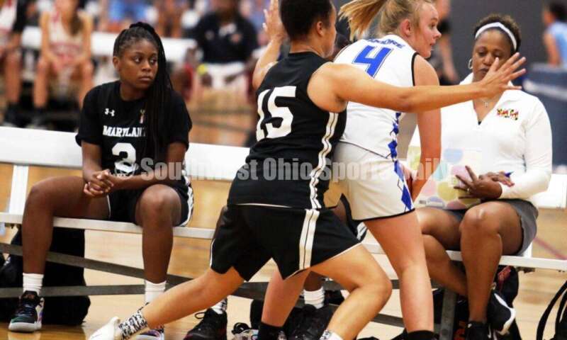 Edgewood High School's Jessica Moore (4) is defended on the sideline July 10, 2021, during the Cincy Chargers' game against the Maryland Blazers in a matchup of 17-year-old girls basketball teams in the USJN's Midwest Summer Challenge at Sports Plus in Evendale. The Chargers won 58-31. RICK CASSANO/STAFF