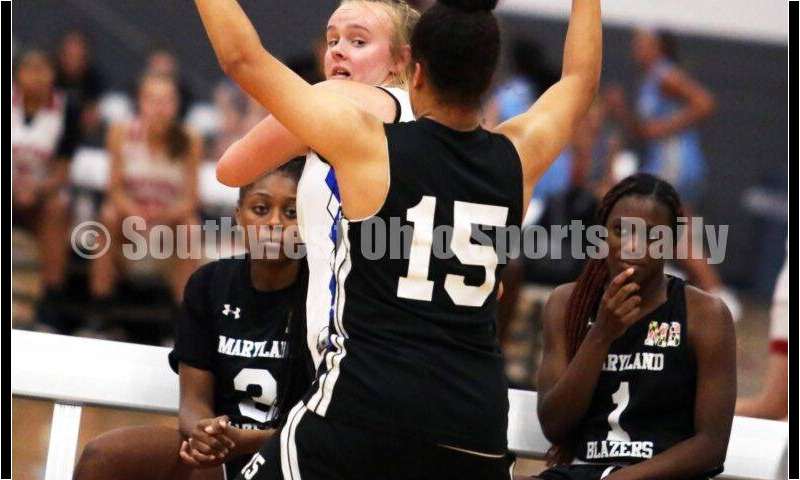 Edgewood High School's Jessica Moore looks to make a pass July 10, 2021, during the Cincy Chargers' game against the Maryland Blazers in a matchup of 17-year-old girls basketball teams in the USJN's Midwest Summer Challenge at Sports Plus in Evendale. The Chargers won 58-31. RICK CASSANO/STAFF