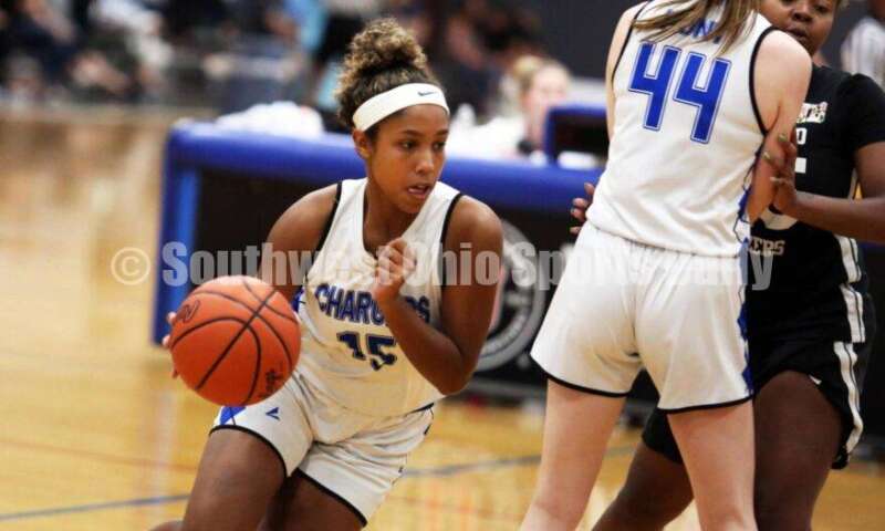 Edgewood High School's Lexi Livingston (15) drives to the basket July 10, 2021, during the Cincy Chargers' game against the Maryland Blazers in a matchup of 17-year-old girls basketball teams in the USJN's Midwest Summer Challenge at Sports Plus in Evendale. The Chargers won 58-31. RICK CASSANO/STAFF