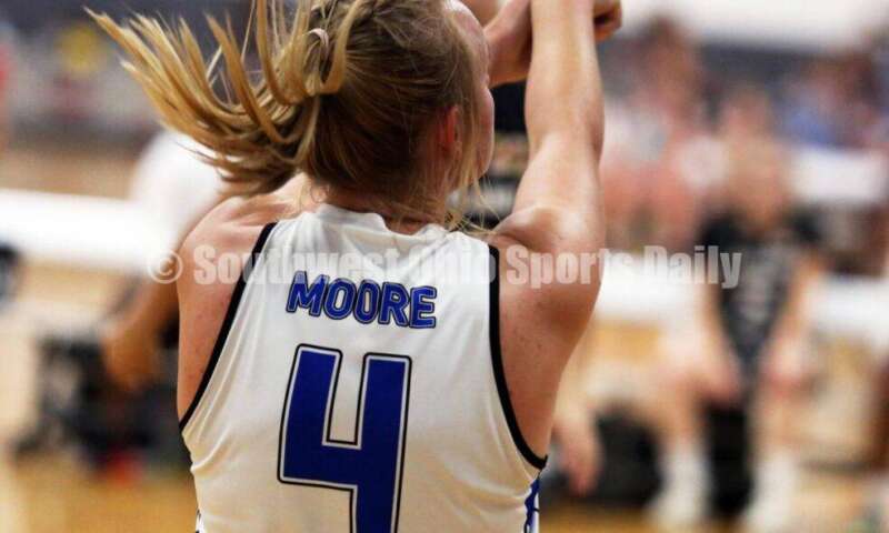 Edgewood High School's Jessica Moore follows through on a shot July 10, 2021, during the Cincy Chargers' game against the Maryland Blazers in a matchup of 17-year-old girls basketball teams in the USJN's Midwest Summer Challenge at Sports Plus in Evendale. The Chargers won 58-31. RICK CASSANO/STAFF