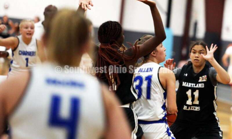 Ross High School's Veronica Allen works to get a shot July 10, 2021, during the Cincy Chargers' game against the Maryland Blazers in a matchup of 17-year-old girls basketball teams in the USJN's Midwest Summer Challenge at Sports Plus in Evendale. The Chargers won 58-31. RICK CASSANO/STAFF