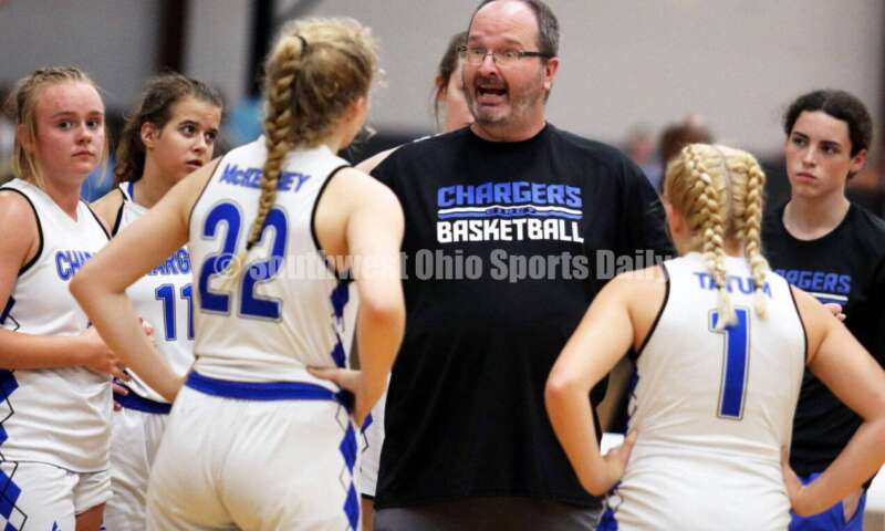 Milford High School coach Matt Tolliver talks in a timeout July 10, 2021, during the Cincy Chargers' game against the Maryland Blazers in a matchup of 17-year-old girls basketball teams in the USJN's Midwest Summer Challenge at Sports Plus in Evendale. The Chargers won 58-31. RICK CASSANO/STAFF