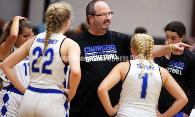Milford High School coach Matt Tolliver makes a point July 10, 2021, during the Cincy Chargers' game against the Maryland Blazers in a matchup of 17-year-old girls basketball teams in the USJN's Midwest Summer Challenge at Sports Plus in Evendale. The Chargers won 58-31. RICK CASSANO/STAFF