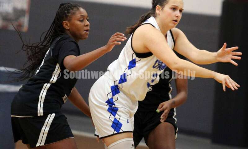 Lakota West High School's Emily Doerman makes a pass July 10, 2021, during the Cincy Chargers' game against the Maryland Blazers in a matchup of 17-year-old girls basketball teams in the USJN's Midwest Summer Challenge at Sports Plus in Evendale. The Chargers won 58-31. RICK CASSANO/STAFF