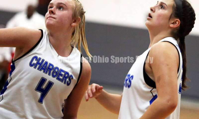 Edgewood High School's Jessica Moore (4) and Lakota West's Emily Doerman watch the ball July 10, 2021, during the Cincy Chargers' game against the Maryland Blazers in a matchup of 17-year-old girls basketball teams in the USJN's Midwest Summer Challenge at Sports Plus in Evendale. The Chargers won 58-31. RICK CASSANO/STAFF