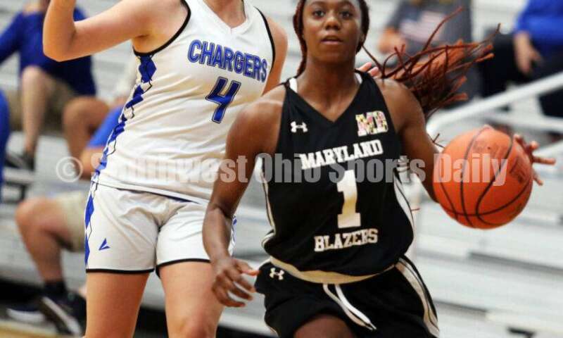 Edgewood High School's Jessica Moore (4) does some chasing July 10, 2021, during the Cincy Chargers' game against the Maryland Blazers in a matchup of 17-year-old girls basketball teams in the USJN's Midwest Summer Challenge at Sports Plus in Evendale. The Chargers won 58-31. RICK CASSANO/STAFF