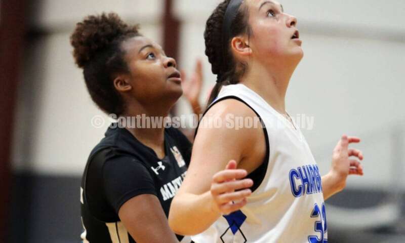 Lakota West High School's Emily Doerman eyes a rebound July 10, 2021, during the Cincy Chargers' game against the Maryland Blazers in a matchup of 17-year-old girls basketball teams in the USJN's Midwest Summer Challenge at Sports Plus in Evendale. The Chargers won 58-31. RICK CASSANO/STAFF