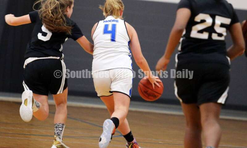 Edgewood High School's Jessica Moore drives to the basket July 10, 2021, during the Cincy Chargers' game against the Maryland Blazers in a matchup of 17-year-old girls basketball teams in the USJN's Midwest Summer Challenge at Sports Plus in Evendale. The Chargers won 58-31. RICK CASSANO/STAFF