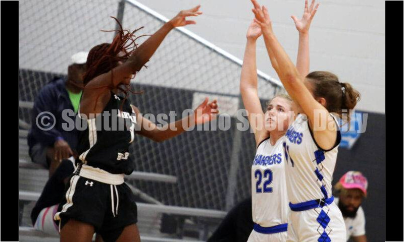 Lebanon High School's Keira Rogers (right) and Milford's Kaylie McKenney (22) defend a pass July 10, 2021, during the Cincy Chargers' game against the Maryland Blazers in a matchup of 17-year-old girls basketball teams in the USJN's Midwest Summer Challenge at Sports Plus in Evendale. The Chargers won 58-31. RICK CASSANO/STAFF