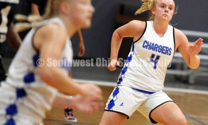 Edgewood High School's Jessica Moore (4) looks for a pass July 10, 2021, during the Cincy Chargers' game against the Maryland Blazers in a matchup of 17-year-old girls basketball teams in the USJN's Midwest Summer Challenge at Sports Plus in Evendale. The Chargers won 58-31. RICK CASSANO/STAFF
