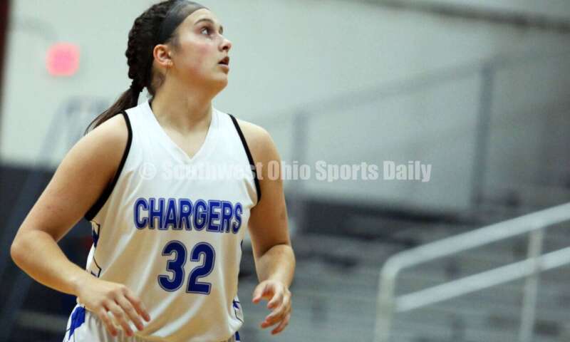 Lakota West High School's Emily Doerman keeps her eyes on the ball July 10, 2021, during the Cincy Chargers' game against the Maryland Blazers in a matchup of 17-year-old girls basketball teams in the USJN's Midwest Summer Challenge at Sports Plus in Evendale. The Chargers won 58-31. RICK CASSANO/STAFF