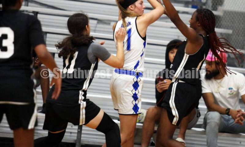 Ross High School's Veronica Allen is pressured on the sideline July 10, 2021, during the Cincy Chargers' game against the Maryland Blazers in a matchup of 17-year-old girls basketball teams in the USJN's Midwest Summer Challenge at Sports Plus in Evendale. The Chargers won 58-31. RICK CASSANO/STAFF
