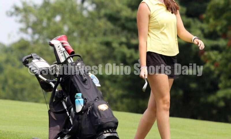 Fenwick High School's Natalie Allen checks out her shot Aug. 6, 2021, during a Greater Catholic League Coed Division girls golf match against Dayton Carroll at Brown's Run Country Club. Fenwick won 172-188. RICK CASSANO/STAFF