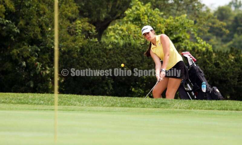 Fenwick High School's Natalie Allen chips the ball onto the green Aug. 6, 2021, during a Greater Catholic League Coed Division girls golf match against Dayton Carroll at Brown's Run Country Club. Fenwick won 172-188. RICK CASSANO/STAFF