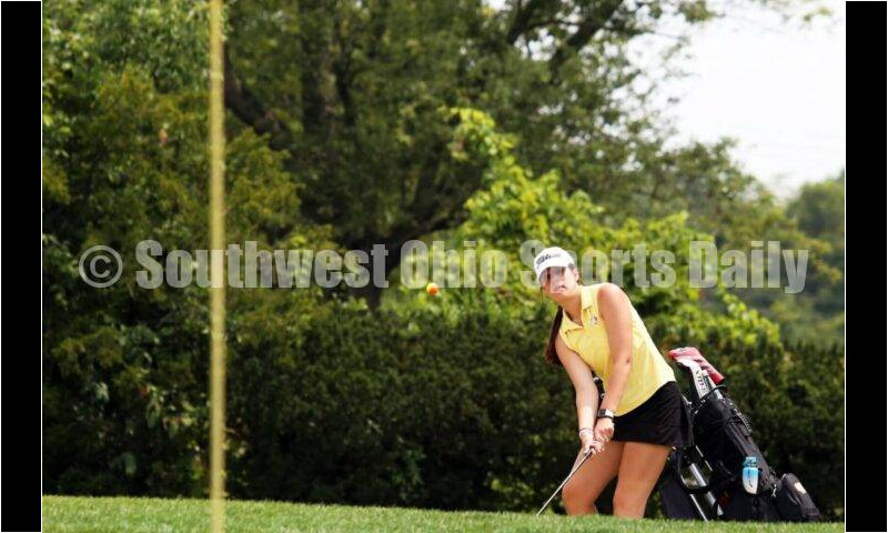 Fenwick High School's Natalie Allen chips the ball onto the green Aug. 6, 2021, during a Greater Catholic League Coed Division girls golf match against Dayton Carroll at Brown's Run Country Club. Fenwick won 172-188. RICK CASSANO/STAFF