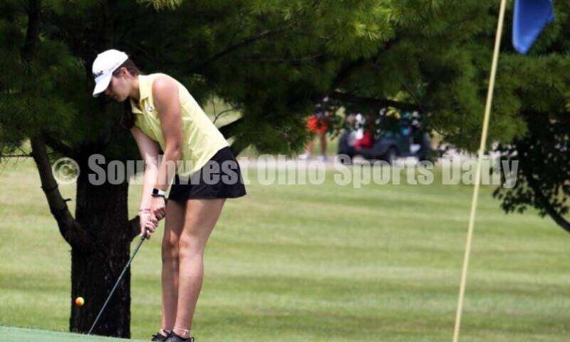 Fenwick High School's Natalie Allen chips the ball onto the green Aug. 6, 2021, during a Greater Catholic League Coed Division girls golf match against Dayton Carroll at Brown's Run Country Club. Fenwick won 172-188. RICK CASSANO/STAFF