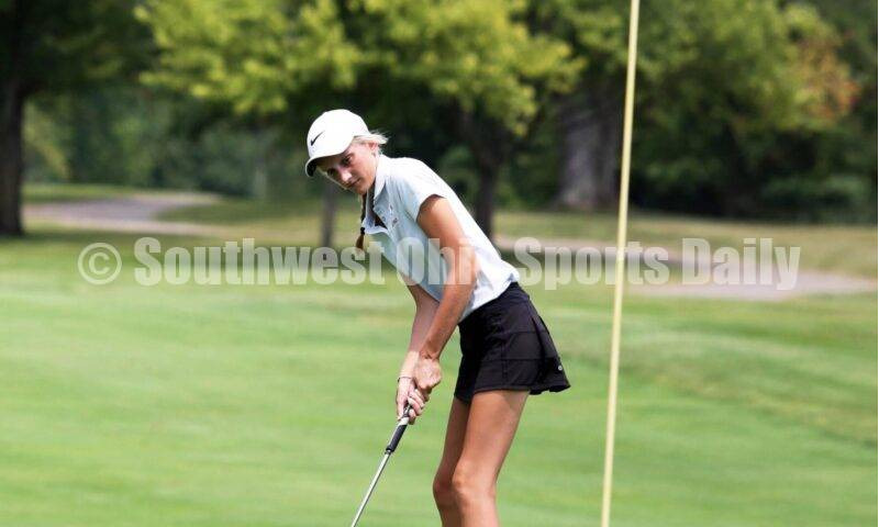 Fenwick High School's Kaitlyn Hemmelgarn strikes a putt Aug. 6, 2021, during a Greater Catholic League Coed Division girls golf match against Dayton Carroll at Brown's Run Country Club. Fenwick won 172-188. RICK CASSANO/STAFF