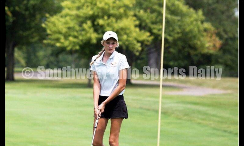 Fenwick High School's Kaitlyn Hemmelgarn reacts to a putt Aug. 6, 2021, during a Greater Catholic League Coed Division girls golf match against Dayton Carroll at Brown's Run Country Club. Fenwick won 172-188. RICK CASSANO/STAFF