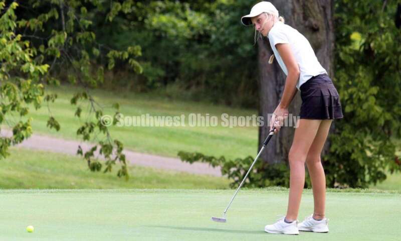 Fenwick High School's Kaitlyn Hemmelgarn putts the ball Aug. 6, 2021, during a Greater Catholic League Coed Division girls golf match against Dayton Carroll at Brown's Run Country Club. Fenwick won 172-188. RICK CASSANO/STAFF