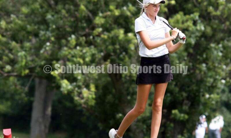 Fenwick High School's Kaitlyn Hemmelgarn watches her tee shot Aug. 6, 2021, during a Greater Catholic League Coed Division girls golf match against Dayton Carroll at Brown's Run Country Club. Fenwick won 172-188. RICK CASSANO/STAFF