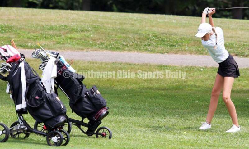 Fenwick High School's Kaitlyn Hemmelgarn winds up for a swing Aug. 6, 2021, during a Greater Catholic League Coed Division girls golf match against Dayton Carroll at Brown's Run Country Club. Fenwick won 172-188. RICK CASSANO/STAFF