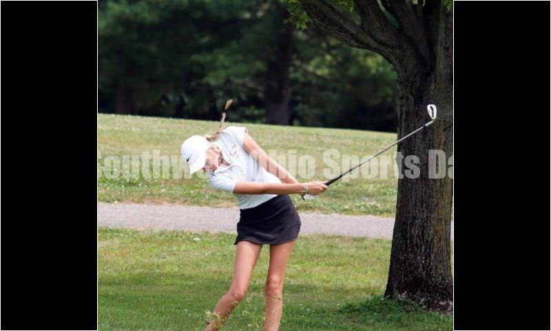 Fenwick High School's Kaitlyn Hemmelgarn follows through on a shot Aug. 6, 2021, during a Greater Catholic League Coed Division girls golf match against Dayton Carroll at Brown's Run Country Club. Fenwick won 172-188. RICK CASSANO/STAFF