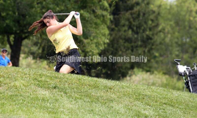 Fenwick High School's Maggie Kurtz takes a swing Aug. 6, 2021, during a Greater Catholic League Coed Division girls golf match against Dayton Carroll at Brown's Run Country Club. Fenwick won 172-188. RICK CASSANO/STAFF