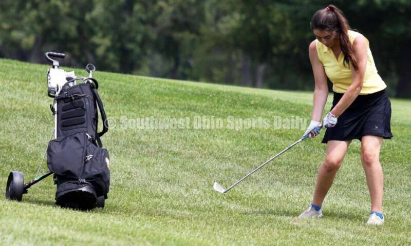 Fenwick High School's Maggie Kurtz takes a swing Aug. 6, 2021, during a Greater Catholic League Coed Division girls golf match against Dayton Carroll at Brown's Run Country Club. Fenwick won 172-188. RICK CASSANO/STAFF