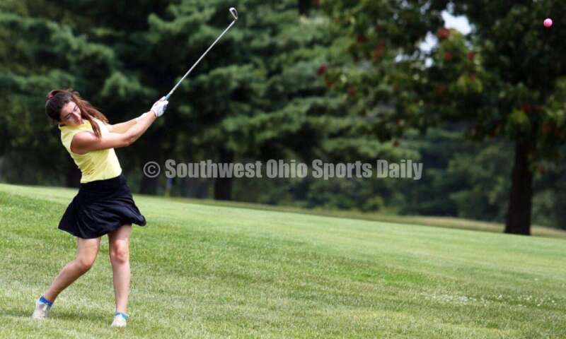 Fenwick High School's Maggie Kurtz delivers a shot Aug. 6, 2021, during a Greater Catholic League Coed Division girls golf match against Dayton Carroll at Brown's Run Country Club. Fenwick won 172-188. RICK CASSANO/STAFF