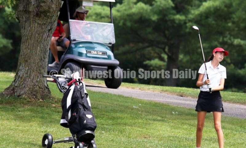 Fenwick High School's Sophie Rush reacts to a shot Aug. 6, 2021, during a Greater Catholic League Coed Division girls golf match against Dayton Carroll at Brown's Run Country Club. Fenwick won 172-188. RICK CASSANO/STAFF