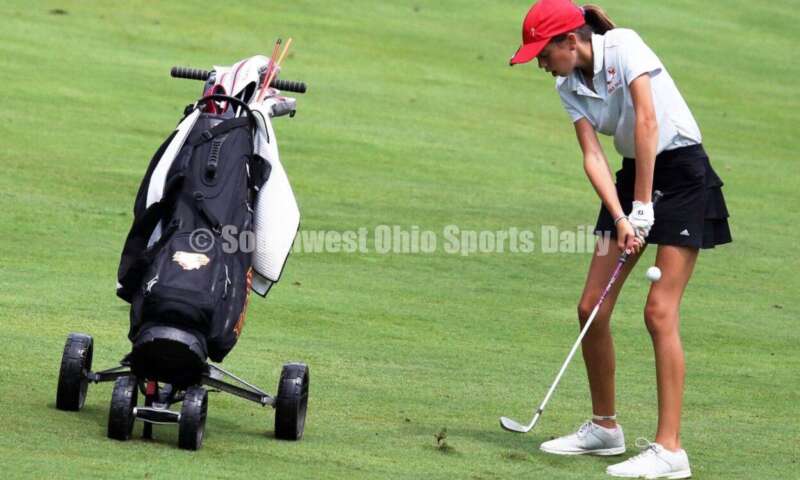 Fenwick High School's Sophie Rush hits from the fairway Aug. 6, 2021, during a Greater Catholic League Coed Division girls golf match against Dayton Carroll at Brown's Run Country Club. Fenwick won 172-188. RICK CASSANO/STAFF