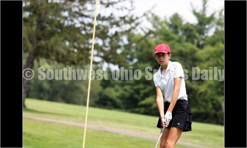 Fenwick High School's Sophie Rush watches her putt Aug. 6, 2021, during a Greater Catholic League Coed Division girls golf match against Dayton Carroll at Brown's Run Country Club. Fenwick won 172-188. RICK CASSANO/STAFF