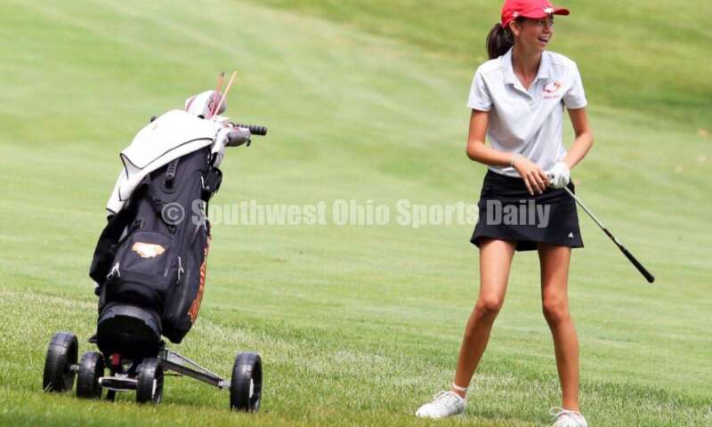 Fenwick High School's Sophie Rush reacts to a shot Aug. 6, 2021, during a Greater Catholic League Coed Division girls golf match against Dayton Carroll at Brown's Run Country Club. Fenwick won 172-188. RICK CASSANO/STAFF