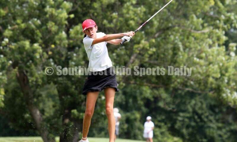 Fenwick High School's Sophie Rush tees off Aug. 6, 2021, during a Greater Catholic League Coed Division girls golf match against Dayton Carroll at Brown's Run Country Club. Fenwick won 172-188. RICK CASSANO/STAFF