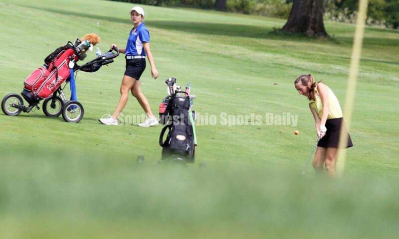 Fenwick High School's Amelia Snyder chips the ball toward the green Aug. 6, 2021, during a Greater Catholic League Coed Division girls golf match against Dayton Carroll at Brown's Run Country Club. Fenwick won 172-188. RICK CASSANO/STAFF