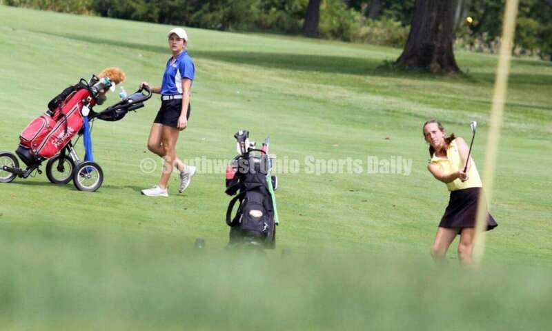 Fenwick High School's Amelia Snyder chips the ball toward the green Aug. 6, 2021, during a Greater Catholic League Coed Division girls golf match against Dayton Carroll at Brown's Run Country Club. Fenwick won 172-188. RICK CASSANO/STAFF