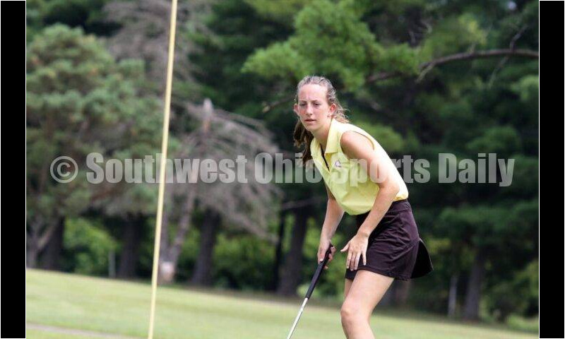 Fenwick High School's Amelia Snyder watches her putt Aug. 6, 2021, during a Greater Catholic League Coed Division girls golf match against Dayton Carroll at Brown's Run Country Club. Fenwick won 172-188. RICK CASSANO/STAFF